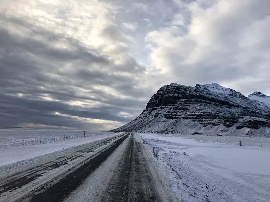 Snowy Southern Coast road in Iceland